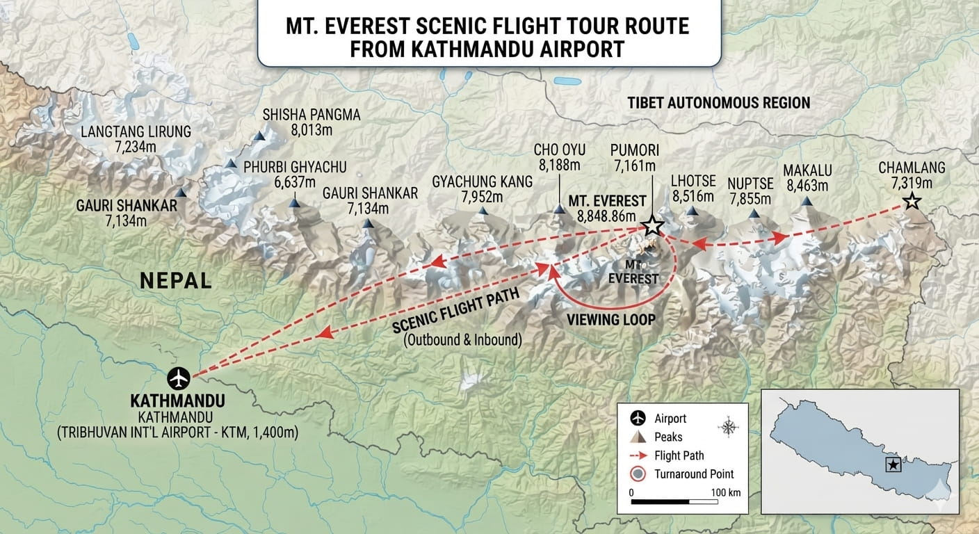 Route map of Everest Mountain Flight from Kathmandu