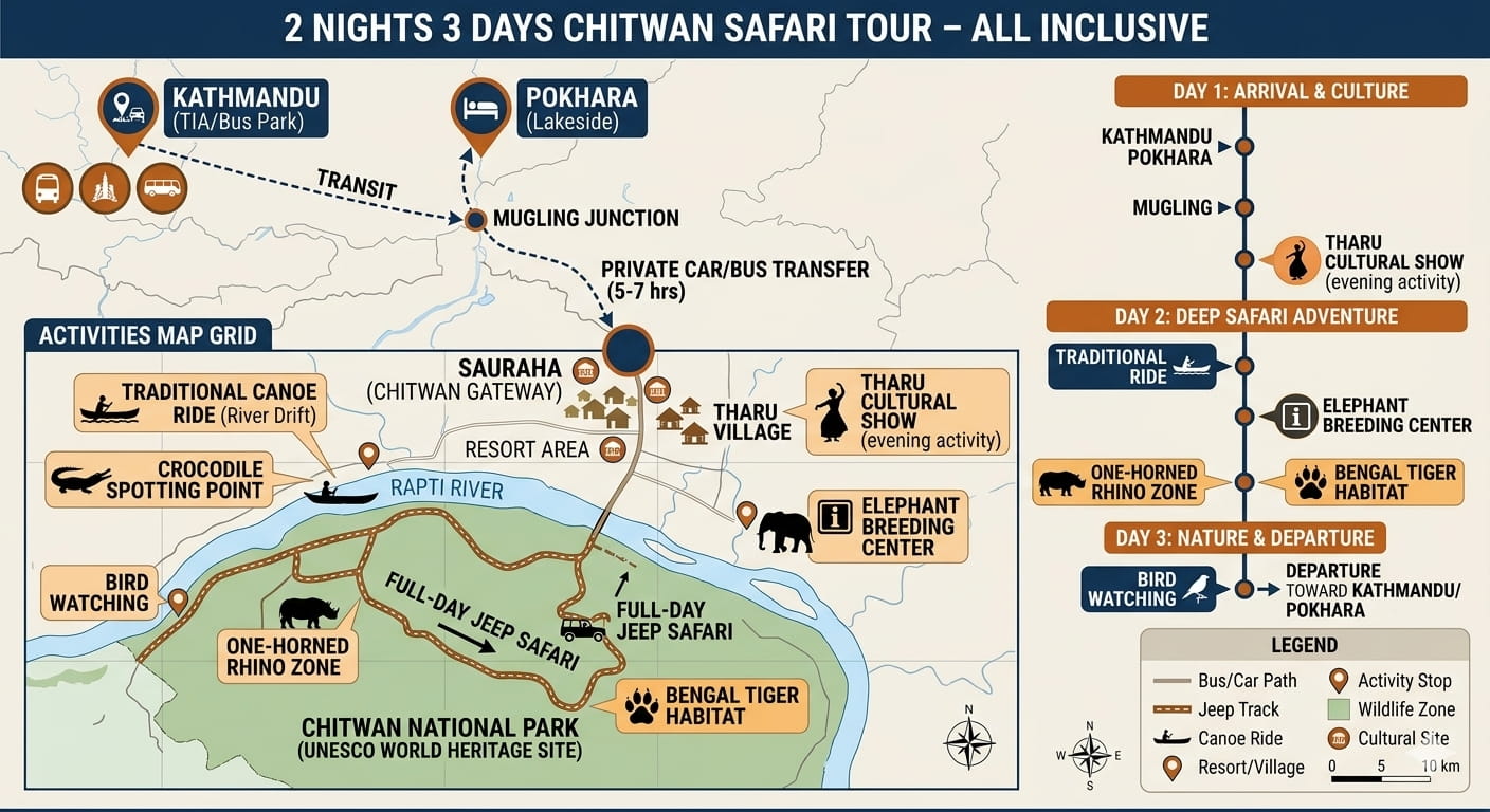Route map of 2 Nights 3 Days Chitwan Safari Tour – All Inclusive