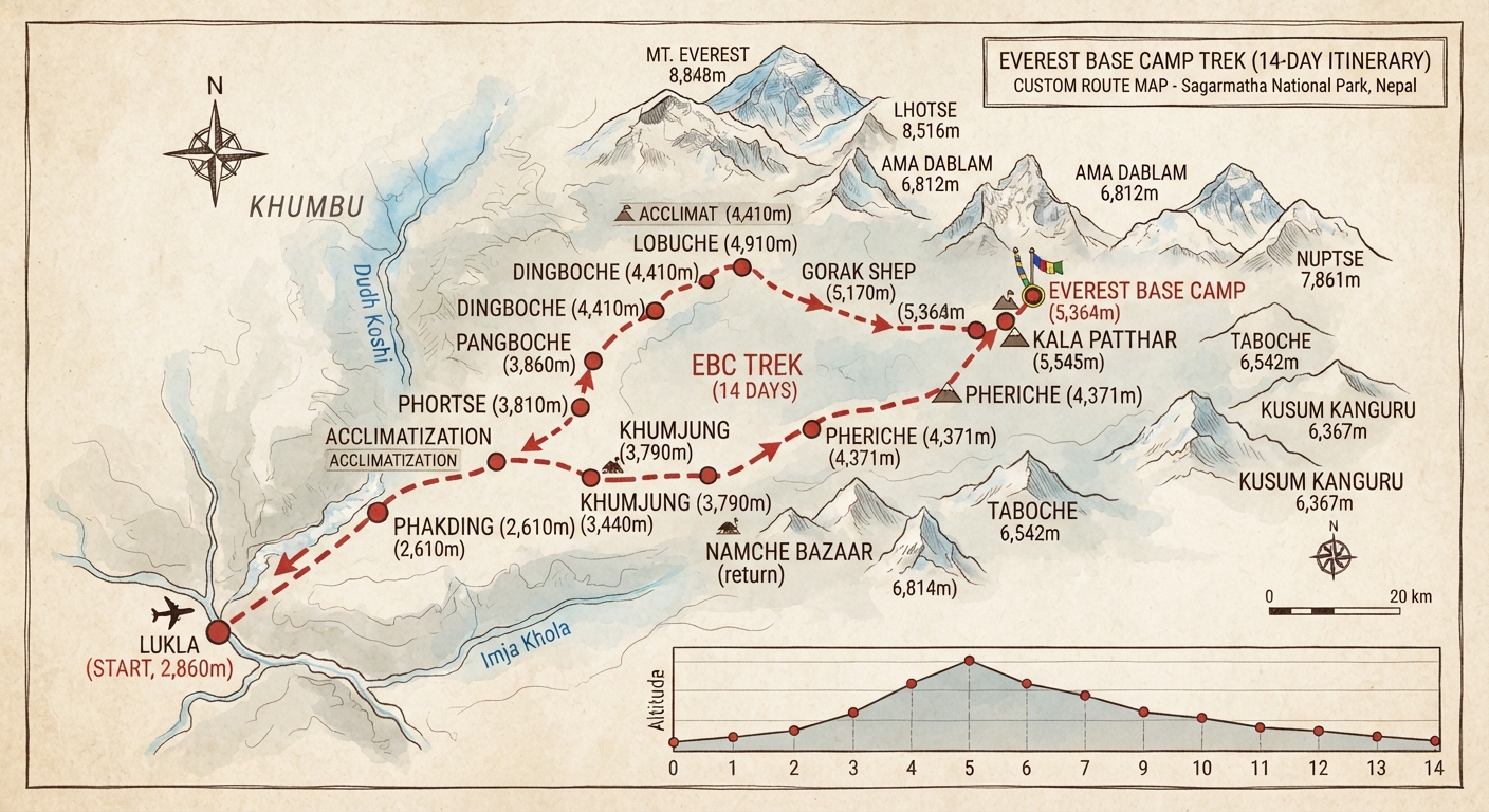 Route map of Everest Base Camp Trek